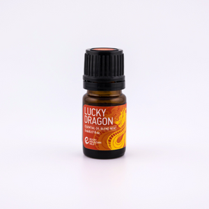 Lucky Dragon essential oil blend in a 5ml amber bottle with black cap