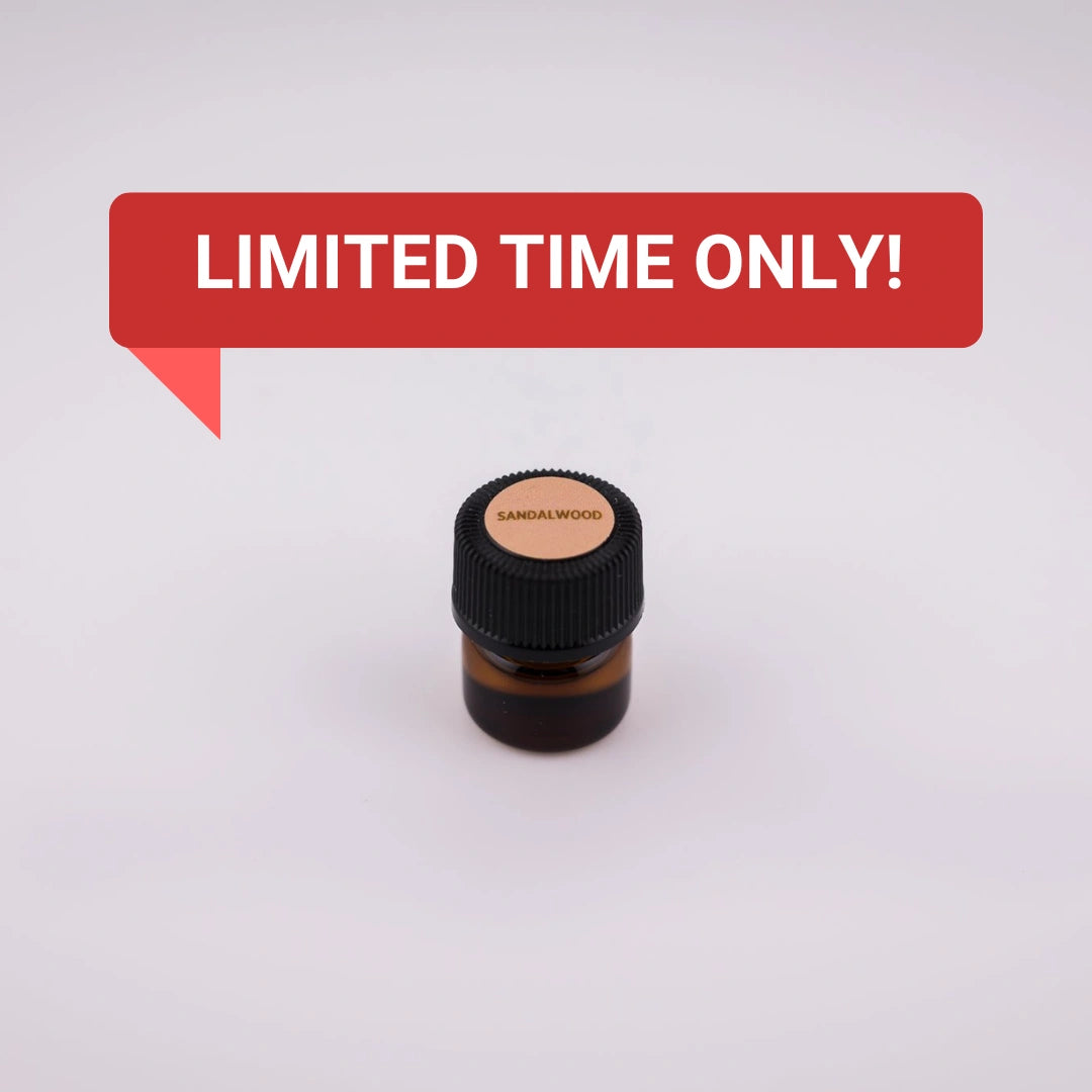 Small bottle labeled 'Sandalwood' with a red 'LIMITED TIME ONLY!' banner on a light gray background