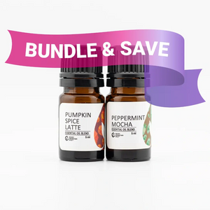 Two essential oil bottles labeled 'Pumpkin Spice Latte' and 'Peppermint Mocha' with a 'Bundle & Save' banner above them on a white background.