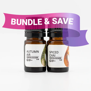 Two essential oil bottles labeled 'Autumn Air' and 'Spiced Chai' with a 'Bundle & Save' banner above them.