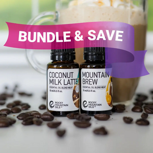 Two essential oil bottles labeled 'Coconut Milk Latte' and 'Mountain Brew' with a blurred coffee drink and coffee beans in the background, featuring a 'Bundle & Save' banner.